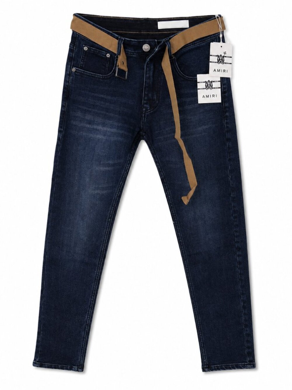 Men’s Dark Blue Slim Jeans Size 28 Brown Belt Detail NWT